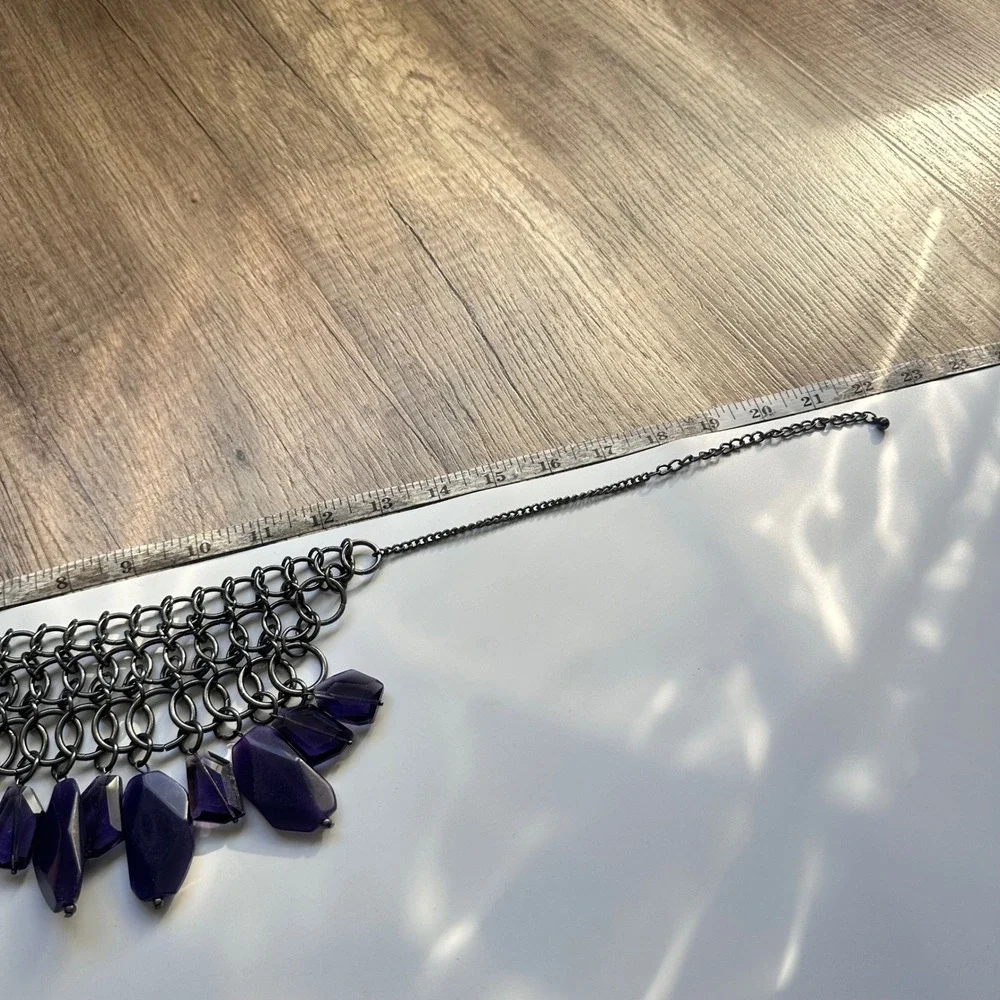 Chicos Gunmetal Chain Necklace Purple Faceted Gem‎ Dangle Statement